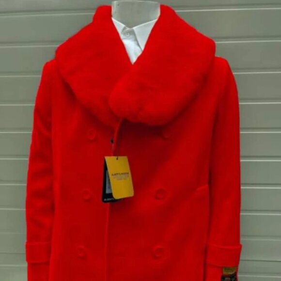 Mens Pea coats With Fur Collar - Wool Red Peacoats